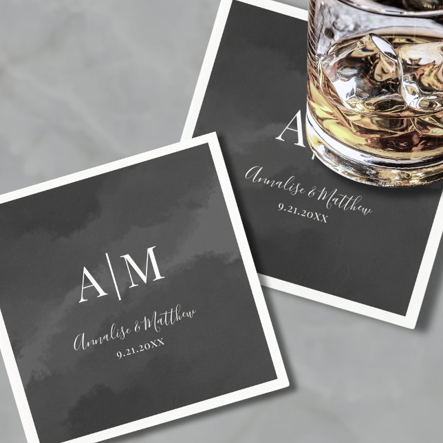 Serviette En Papier Élégant minimaliste noir blanc Mariage (Elegant Minimalist Black White Monogram Wedding Napkins)