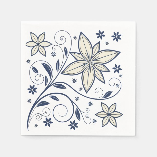 Serviette En Papier Élégant modèle floral bleu marine | (Devant)