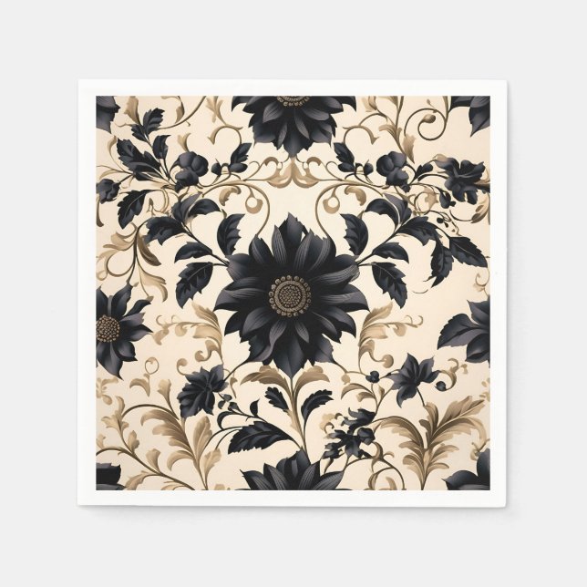 Serviette En Papier Élégant modèle floral noir (Devant)