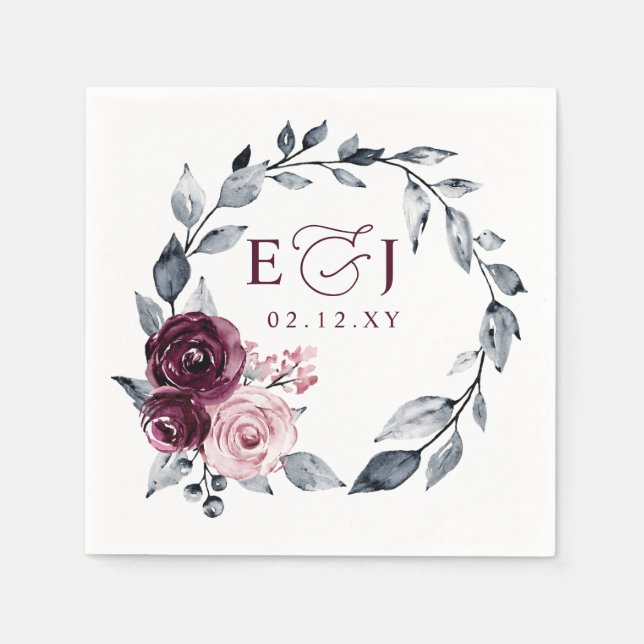 Serviette En Papier Elegant Modern Botanical Burgundy Floral Wedding (Devant)