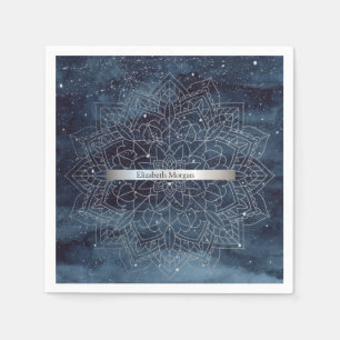 Serviette En Papier Elégant moderne en argent Mandala Stripe Navy bleu