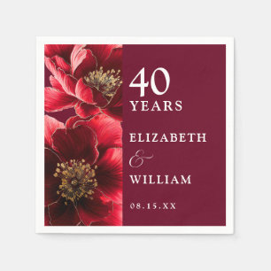 Serviette En Papier Élégant Moderne Fleuris Rouge Rubis 40e Anniversai