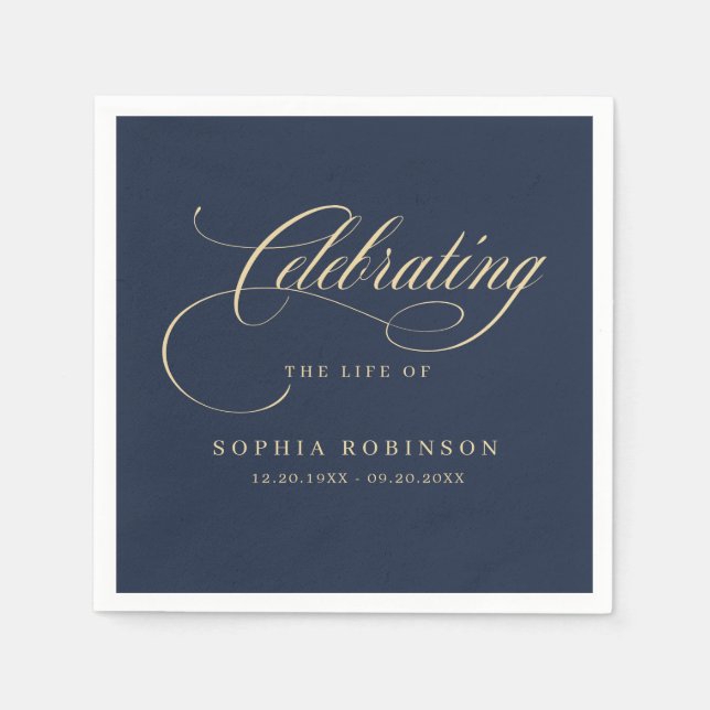 Serviette En Papier Élégant moderne Gold Script Funeral Memorial Bleu (Devant)