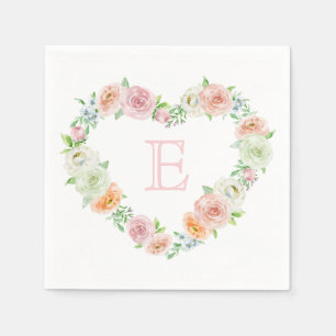 Serviette En Papier Elegant Monogram Pink Floral Heart Wedding