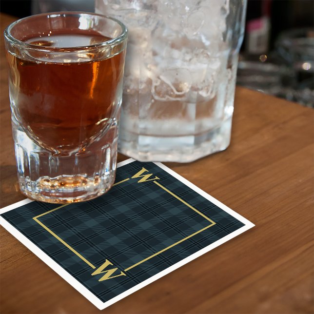 Serviette En Papier Élégant monogramme à carreaux à fenêtre noir et or (Créateur téléchargé)