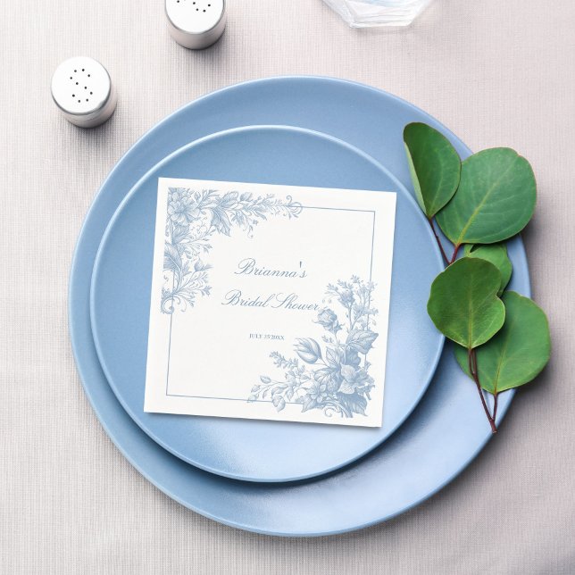 Serviette En Papier Élégant monogramme bleu de chinoiserie française i (Elegant French toile chinoiserie dusty blue monogram printed Napkins bridal shower table decor)