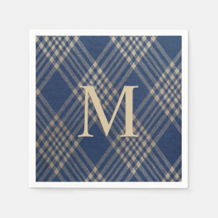 Serviette En Papier Élégant Monogramme bleu et Tan Plaid