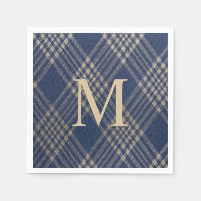 Serviette En Papier Élégant Monogramme bleu et Tan Plaid (Devant)
