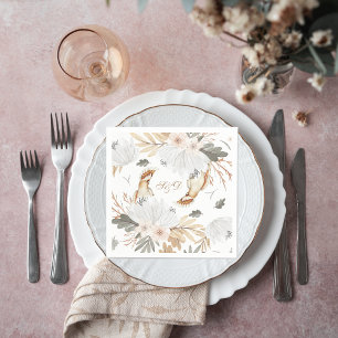 Serviette En Papier Élégant Monogramme Boho Aquarelle fleurs & oiseaux