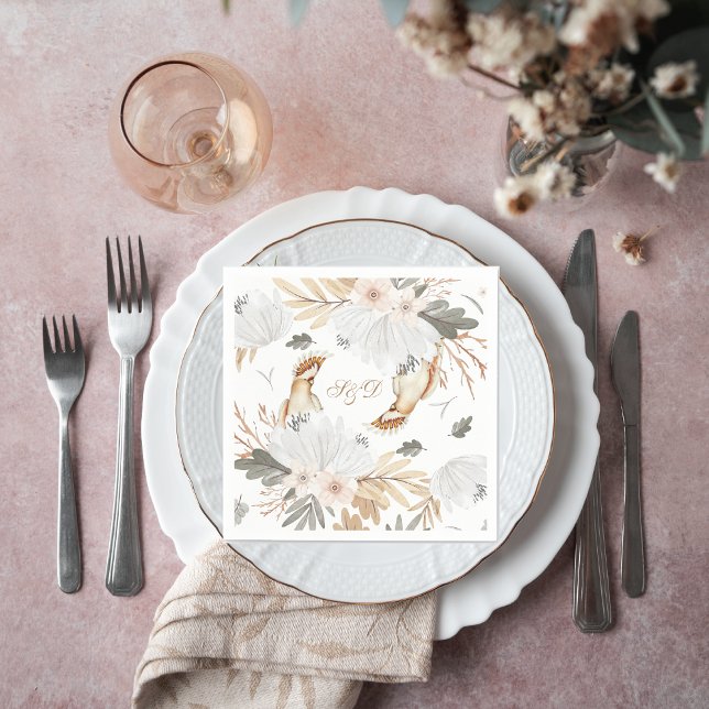 Serviette En Papier Élégant Monogramme Boho Aquarelle fleurs & oiseaux (Créateur téléchargé)