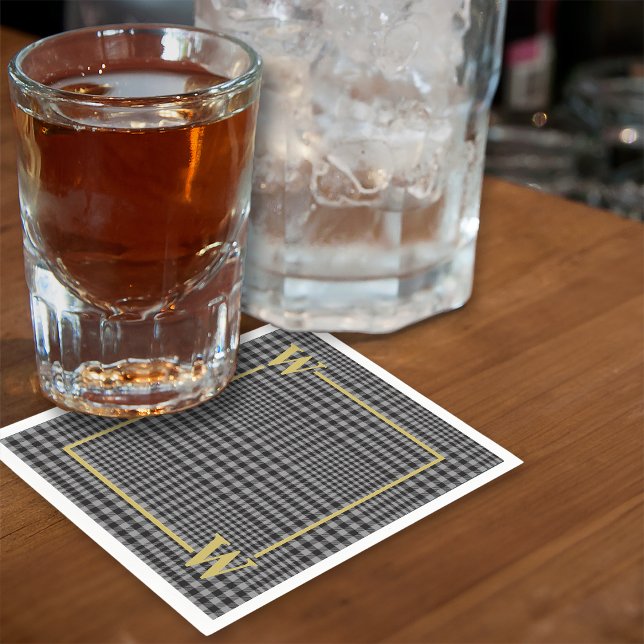 Serviette En Papier Élégant monogramme carreau Glen noir or (Créateur téléchargé)