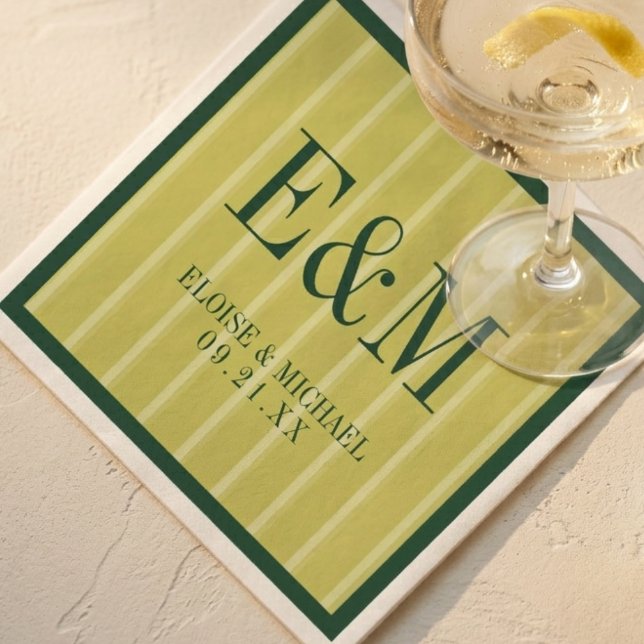 Serviette En Papier Élégant Monogramme Chartreuse Motif Rayure Mariage (Elegant Monogram Chartreuse Stripe Pattern Wedding Napkins)
