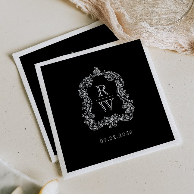 Serviette En Papier Elégant Monogramme Cimier Noir Blanc Mariage (Créateur téléchargé)