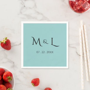 Serviette En Papier Élégant Monogramme Date Mariage Pastel Turquoise