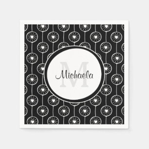 Serviette En Papier Élégant Monogramme de Coeurs Noir et Blanc avec