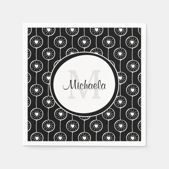 Serviette En Papier Élégant Monogramme de Coeurs Noir et Blanc avec no (Devant)