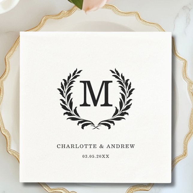 Serviette En Papier Élégant Monogramme de crête Mariage blanc (Elegant Crest Monogram White Wedding Napkins)