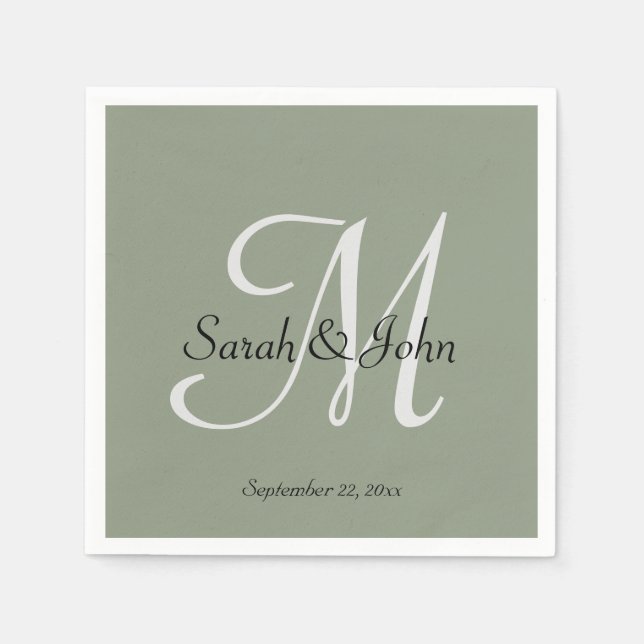 Serviette En Papier Élégant Monogramme de Nom de Script de Vert Sauge  (Devant)