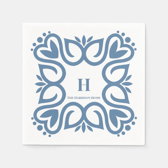 Serviette En Papier Élégant monogramme de script bleu poussiéreux (Devant)