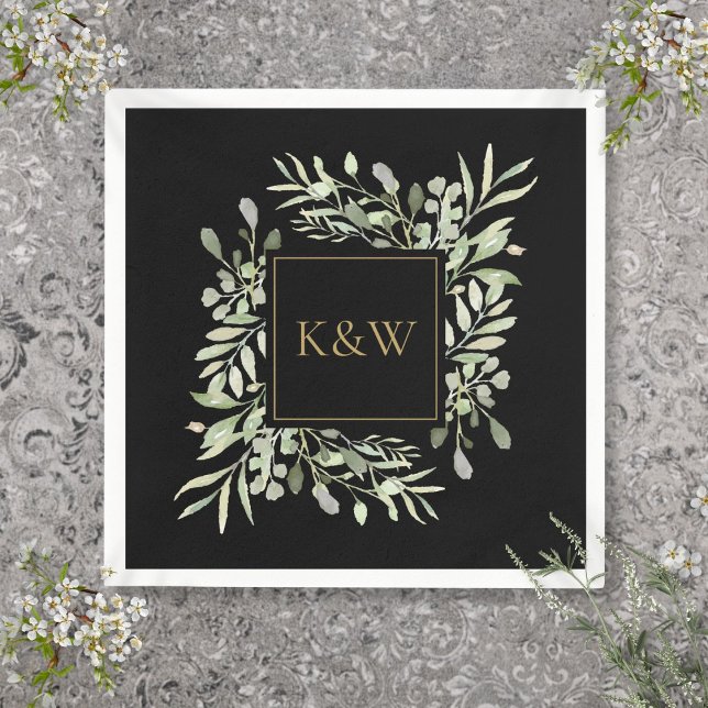 Serviette En Papier Élégant Monogramme de Verdure Noir et Or (Elegant Black And Gold Monogram Greenery Napkins)