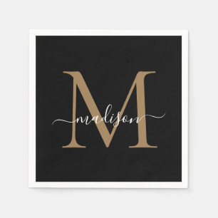 Serviette En Papier Élégant Monogramme d'or noir Script Girly Annivers