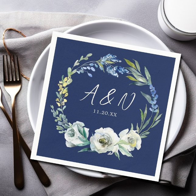 Serviette En Papier Élégant Monogramme floral bleu marine Mariage d'hi (Créateur téléchargé)