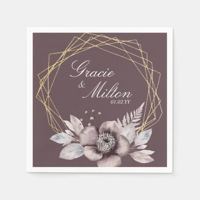 Serviette En Papier Élégant Monogramme Floral Mauve Mariage (Devant)