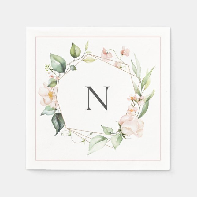 Serviette En Papier Élégant Monogramme Floral rose Mariage (Devant)