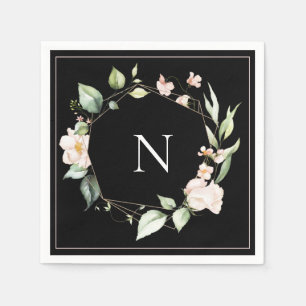 Serviette En Papier Élégant Monogramme Floral rose Mariage noir servie