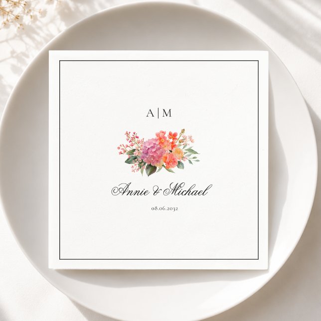 Serviette En Papier  Élégant Monogramme Floral Script Bordure Mariage (Custom Elegant Floral Monogram Script Border Wedding Napkins)