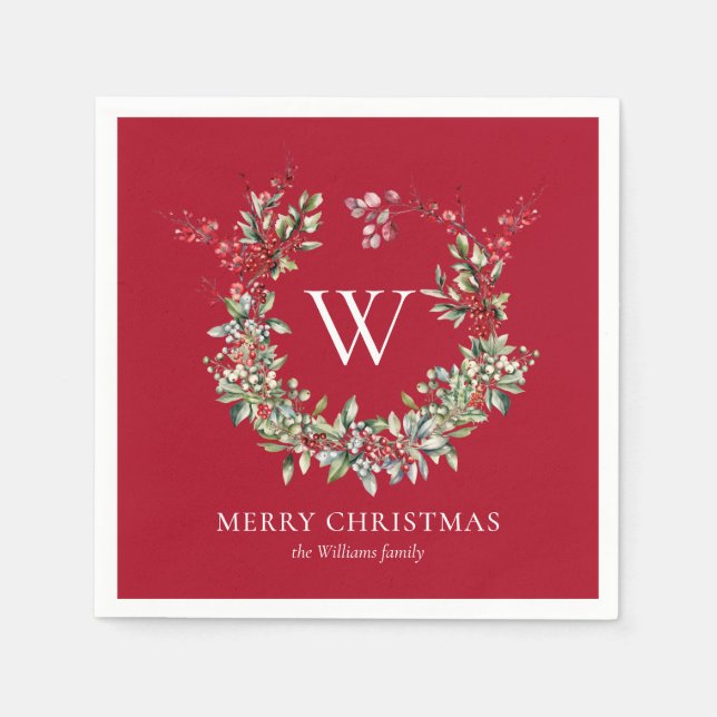 Serviette En Papier Élégant Monogramme Joyeux Noël Vacances Wreath (Devant)