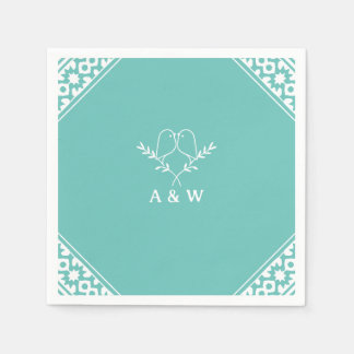 Serviette En Papier Élégant Monogramme Lovebirds en Turquoise