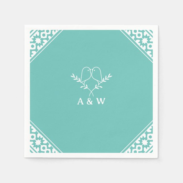 Serviette En Papier Élégant Monogramme Lovebirds en Turquoise (Devant)