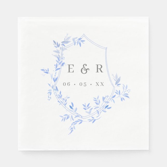 Serviette En Papier Élégant Monogramme Mariage de crête Feuille Bleue (Devant)