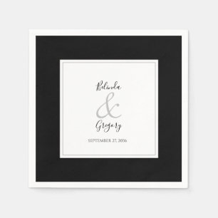 Serviette En Papier Élégant Monogramme Mariage noir et blanc