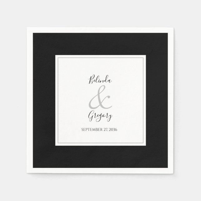Serviette En Papier Élégant Monogramme Mariage noir et blanc (Devant)