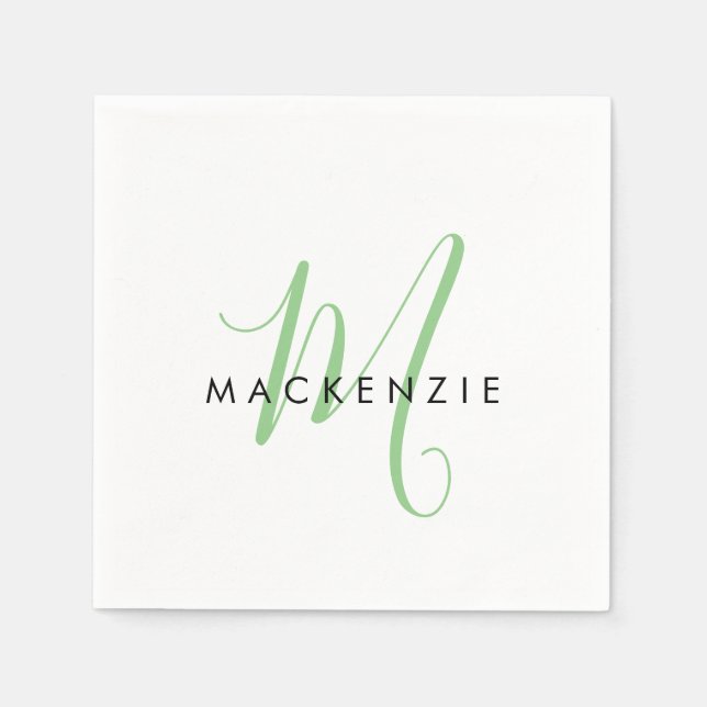 Serviette En Papier Élégant Monogramme moderne blanc vert Script (Devant)