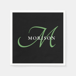 Serviette En Papier Élégant Monogramme moderne noir vert Script