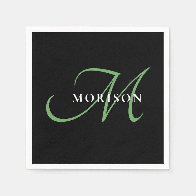 Serviette En Papier Élégant Monogramme moderne noir vert Script (Devant)