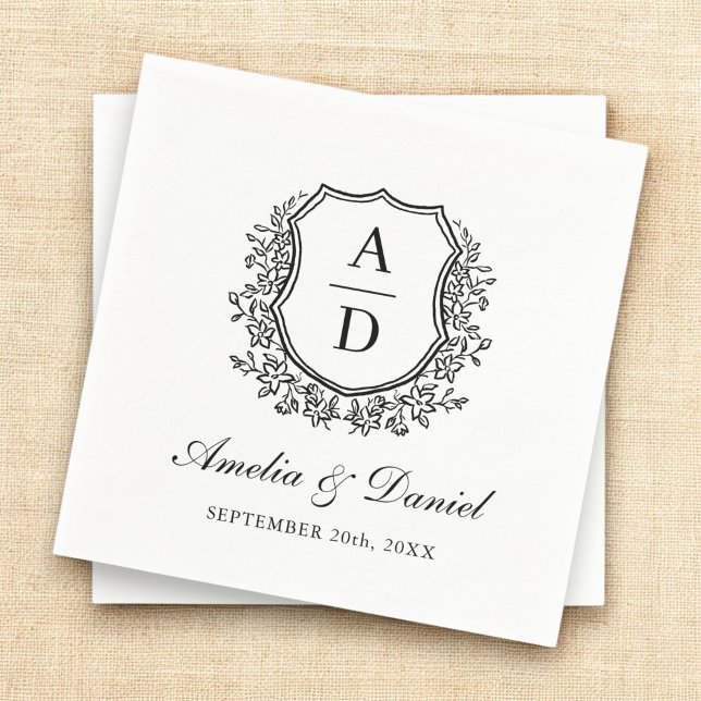 Serviette En Papier Élégant Monogramme noir blanc Crest Mariage (Créateur téléchargé)