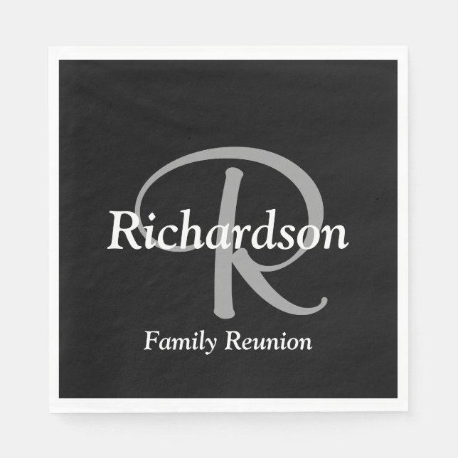 Serviette En Papier Élégant Monogramme Noir Blanc et Gris Argent (Devant)