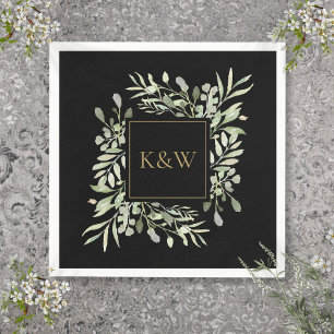 Serviette En Papier Élégant Monogramme Noir Et Or Verdure