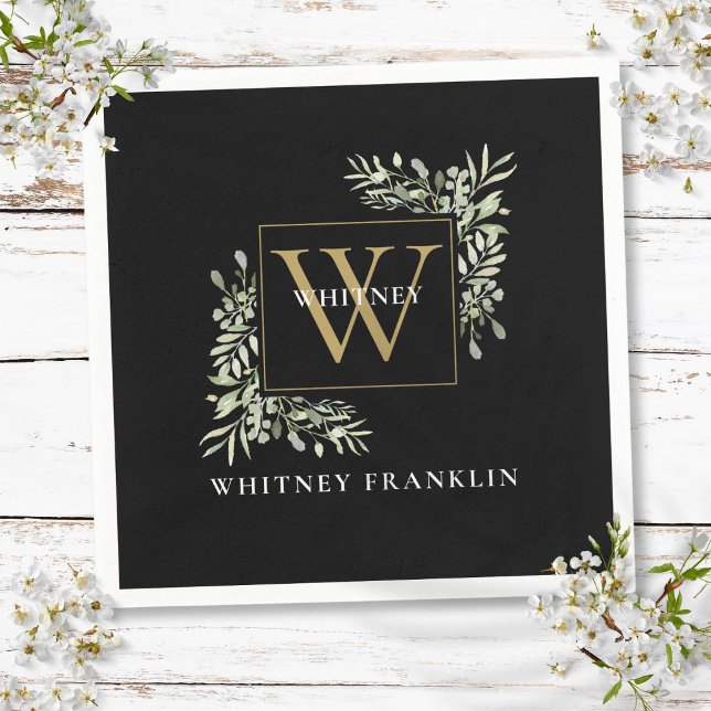 Serviette En Papier Élégant Monogramme Or Noir Eucalyptus Verdure (Elegant Black Gold Monogram Greenery Eucalyptus Napkins)