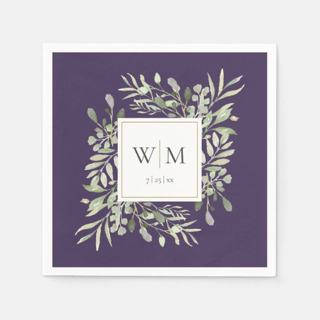 Serviette En Papier Élégant Monogramme Or Vert Foncé Violet (Devant)