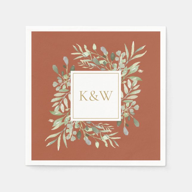 Serviette En Papier Élégant Monogramme Or Vert Terracotta (Devant)