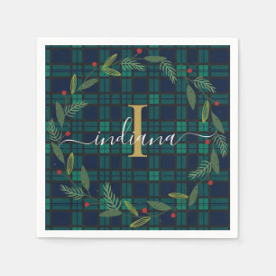 Serviette En Papier Élégant Monogramme Plaid Script Wreath Tartan Papi