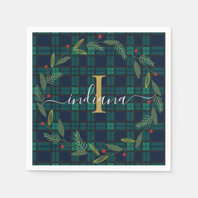 Serviette En Papier Élégant Monogramme Plaid Script Wreath Tartan Papi (Devant)