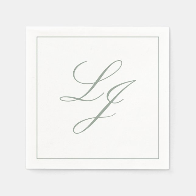 Serviette En Papier Élégant Monogramme Sage Green Simple Script Mariag (Devant)