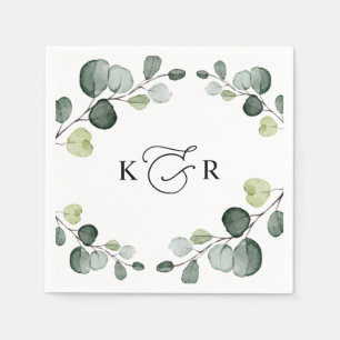 Serviette En Papier Elégant Monogramme Verdure Eucalyptus Personnalisé