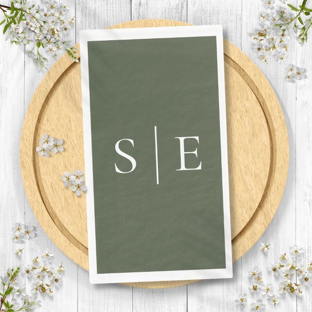 Serviette En Papier Élégant Monogramme vert olive minimaliste (Elegant Olive Green Monogram Minimalist Paper Guest Towels)